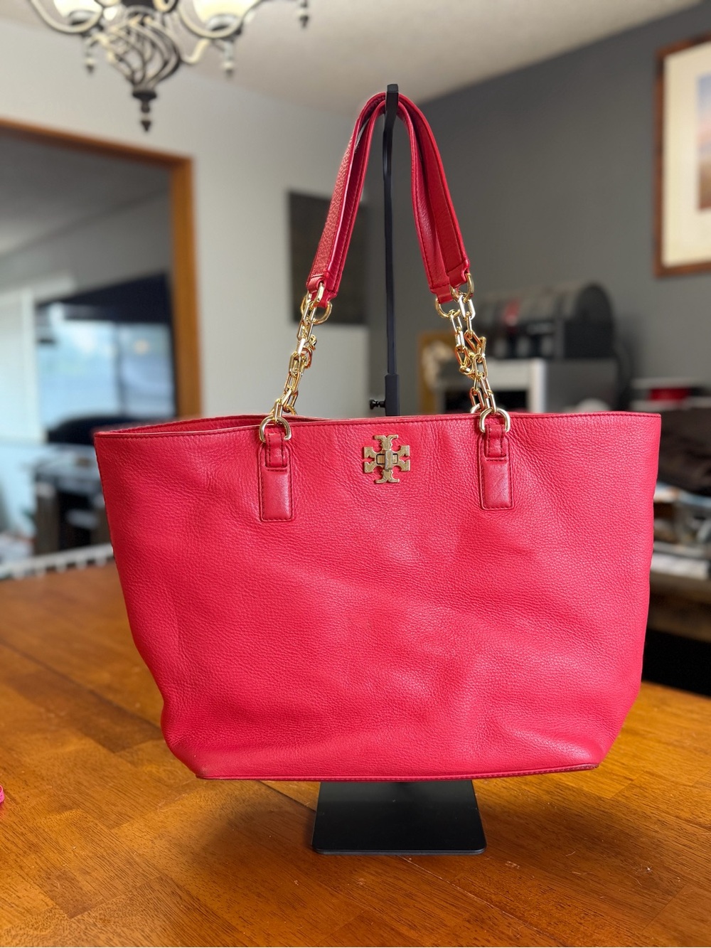 Red Tory Burch Pebbled Leather Tote | Chain Handles